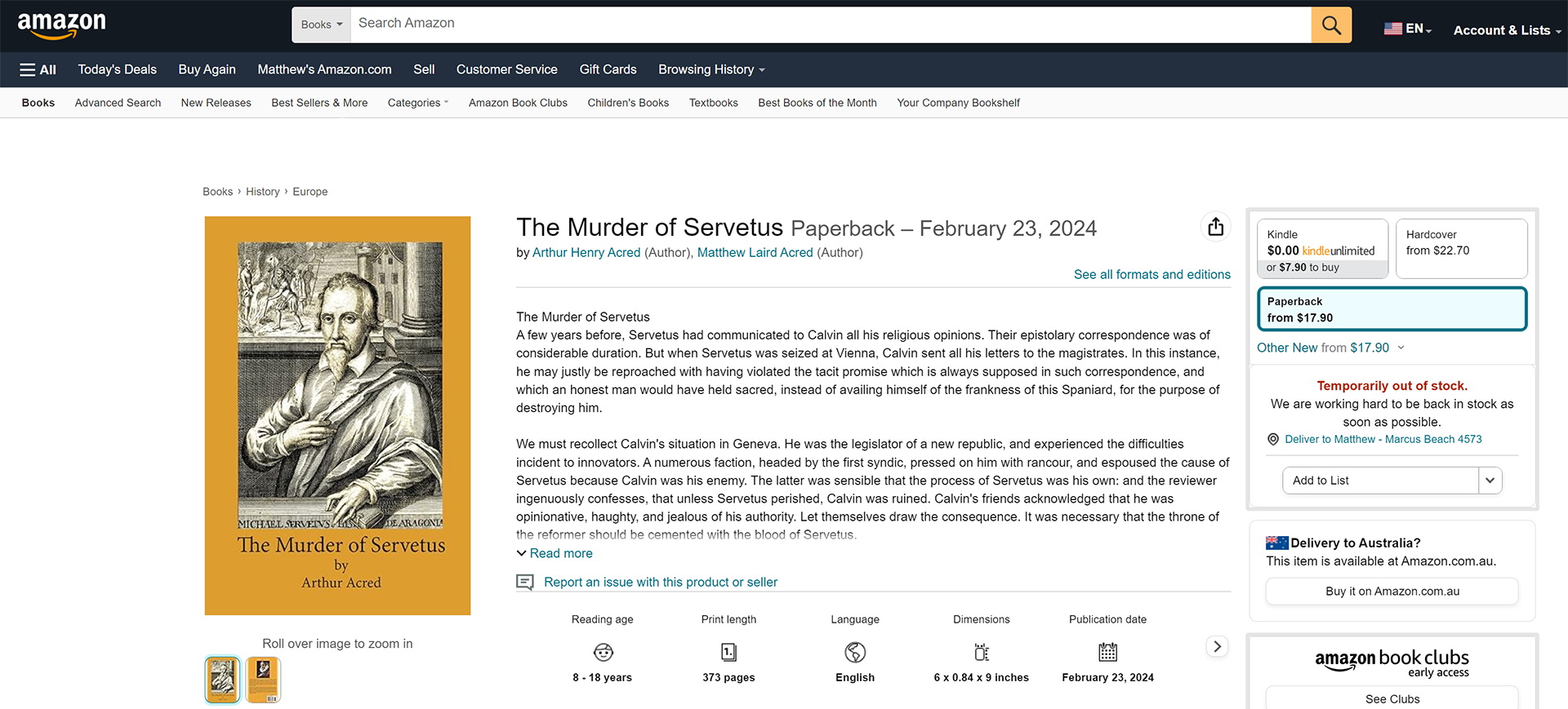 The Murder of Servetus Paperback foresale on Amazon